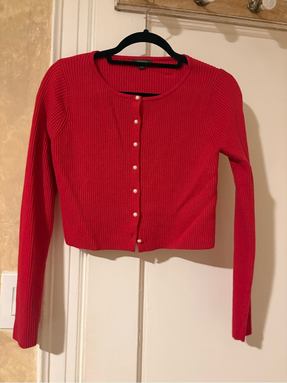wild fable Red Ribbed Pearl-Button Cropped Cardigan